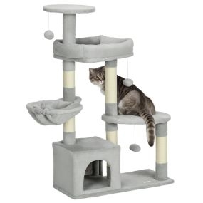 Rascador para gatos 104 cm con postes de sisal, cueva, plataformas y bolas colgantes gris claro