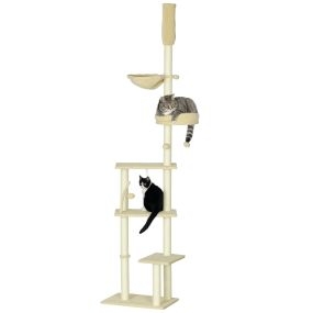 Árbol rascador para gatos de suelo a techo 230-250 cm ajustable beige con plataformas, cestos y hamaca