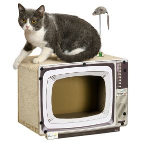 Rascador de cartón para gatos en forma de televisor con ratón de juguete 43x23x32,5 cm arena