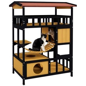 Casa para gatos de madera 84x60x116 cm de 4 niveles con puente colgante balcón y techo asfáltico natural para exterior e interior