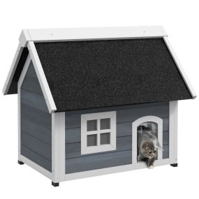 Casa para gatos de madera con techo asfáltico abatible, ventana y puertas con cortina 77x57,5x68 cm gris y negro