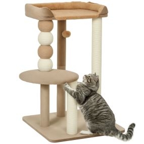 Árbol rascador para gatos 86 cm con cama, plataforma, postes de yute y bolas, marrón y beige