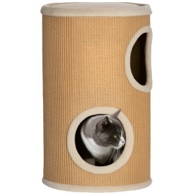 Barril rascador para gatos 60 cm, 2 cuevas, sisal, Ø35x60 cm, marrón y beige