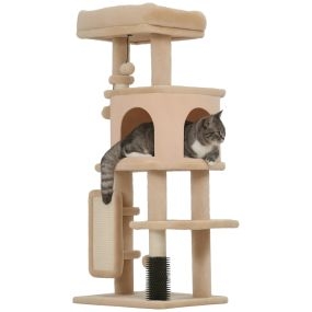 Árbol rascador para gatos 104 cm beige con plataformas, poste, bolas colgantes y almohadilla