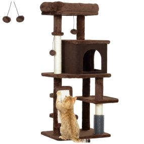 Árbol rascador para gatos 104 cm marrón con plataformas, poste con cepillo, bolas y almohadilla