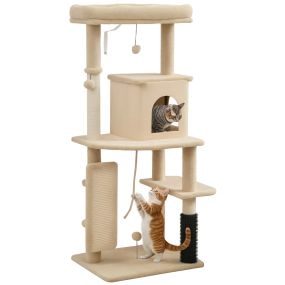 Árbol rascador para gatos 132 cm con plataformas, poste, cepillo, bolas y almohadilla beige