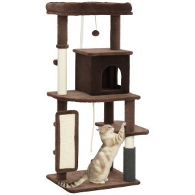 Árbol rascador para gatos 132 cm con plataformas, poste, cepillo, bolas y almohadilla marrón