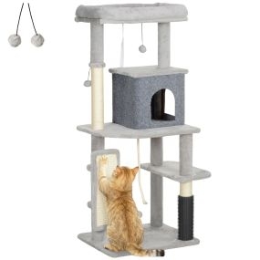 Árbol rascador para gatos 132 cm con plataformas, poste con cepillo, bolas y almohadilla gris claro