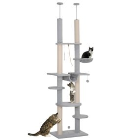Árbol rascador para gatos de suelo a techo 225-255 cm 7 niveles con hamacas y plataformas gris