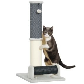 Poste rascador para gatos 85 cm de sisal con cepillo y bola gris y crema