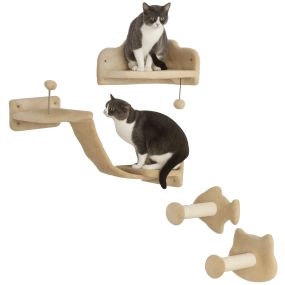 Juego de estanterías para gatos de 4 piezas con rascador de pared, postes de sisal, plataforma doble, escalera y plataforma para saltar, beige