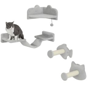 Juego de estanterías para gatos de 4 piezas con rascador de pared, postes de sisal y plataforma doble gris claro