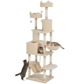 Rascador para gatos grande 206 cm con plataformas, cuevas, bolas colgantes y hamacas beige