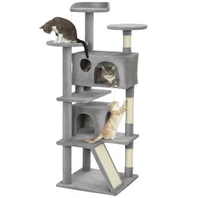 Rascador para gatos 138 cm con postes de sisal, plataformas, cuevas, bolas y hamacas gris claro