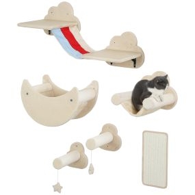Juego de pared de escalada para gatos de 6 piezas tema cielo beige con hamacas, plataformas y rascador