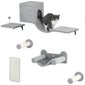 Juego de pared de escalada para gatos de 6 piezas con condominio, plataforma, hamaca, escaleras, percha, rascador y bola gris