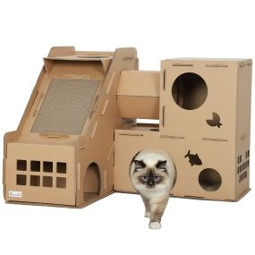 Casa para gatos de cartón forma castillo con rascador de 2 niveles, túnel y rampa, marrón