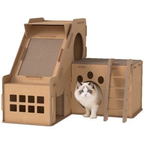 Rascador de cartón para gatos forma castillo 2 en 1 con catnip, rampa y escalera, 67x66x57 cm, marrón