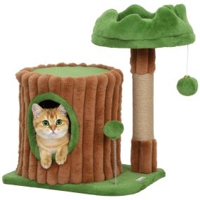Árbol rascador para gatos 53 cm diseño de tronco con casita, cama, poste de yute, bolas colgantes marrón y verde