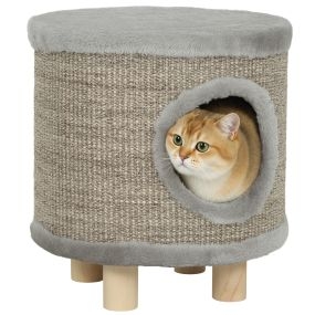 Casa para gatos 3 en 1 taburete reposapiés cama con rascador patas de madera y pluma colgante gris 36x36x38 cm