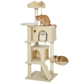 Árbol rascador para gatos 140 cm beige con plataformas, cama, 2 cuevas, hamaca y postes de sisal