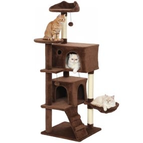 Árbol rascador para gatos 140 cm marrón con múltiples plataformas, cama, 2 cuevas, hamaca y escalera