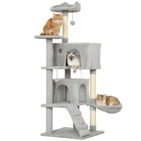 Árbol rascador para gatos 140 cm con plataformas, cama, 2 cuevas, hamaca, escalera y sisal gris claro
