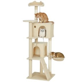 Árbol rascador para gatos 160 cm beige con múltiples plataformas, cama, 2 cuevas, hamaca y escalera