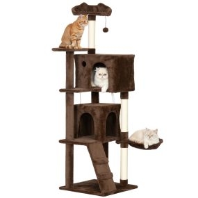 Árbol rascador para gatos 160 cm marrón con plataformas, 2 cuevas, cama, hamaca y escalera