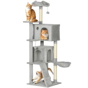 Árbol rascador para gatos 160 cm gris claro con plataformas, cama, 2 cuevas, hamaca y escalera