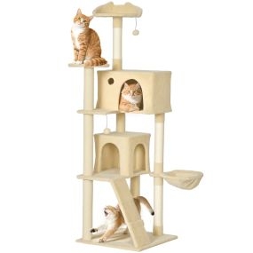 Árbol rascador para gatos 180 cm beige con plataformas, cama, 2 cuevas, hamaca y escalera