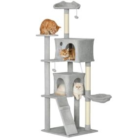Árbol rascador para gatos 180 cm gris claro con plataformas, cama, 2 cuevas, hamaca y escalera