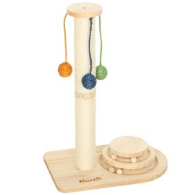 Poste rascador para gatos de madera natural 56,5 cm con 3 bolas colgantes y sisal