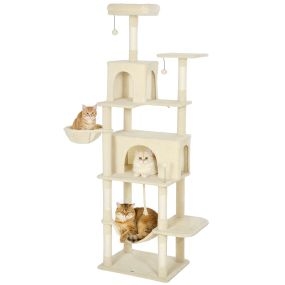 Árbol rascador para gatos 202 cm con plataformas, 2 hamacas, 2 cuevas, 6 postes de sisal, beige