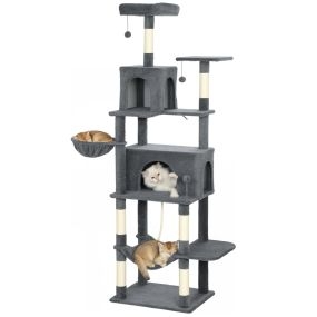 Árbol rascador para gatos 202 cm con plataformas, 2 hamacas, 2 cuevas, 6 postes de sisal, gris oscuro
