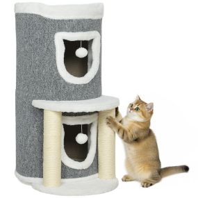 Árbol rascador para gatos 76 cm gris con cama, 2 cuevas, postes de sisal y bolas para jugar