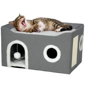 Casa para gatos plegable con rascador, 3 entradas, bola colgante, cojín reversible, gris, 60x40x34 cm