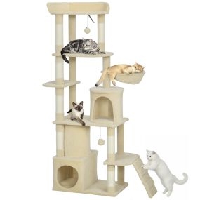 Árbol rascador para gatos grande 170 cm con 7 postes, túnel, 3 plataformas, 2 cuevas, hamaca, percha y rampa beige