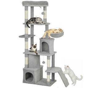 Árbol rascador para gatos grande 170 cm con 7 postes, túnel, 3 plataformas, 2 cuevas, hamaca, percha, rampa y pompones gris claro