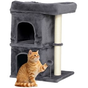 Árbol rascador para gatos 66 cm con cama, 2 cuevas, poste de sisal y bola, gris oscuro