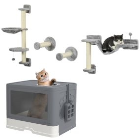 Conjunto para Mascotas Incluye 1 Estante de Escalada para Gatos de Pared de 4 Piezas y 1 Arenero para Gatos con Cubierto Pala Cepillo 2 Puertas Gris