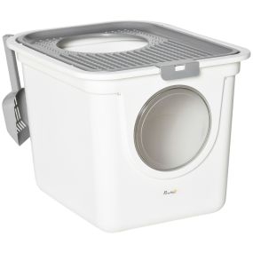 Arenero para gatos con pala, 2 puertas, entrada principal y salida superior, 44x55x39 cm, blanco y gris