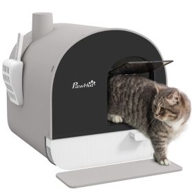Arenero cerrado para gatos con bandeja extraíble, pala, alfombrilla y filtro, 43x44x47 cm, gris