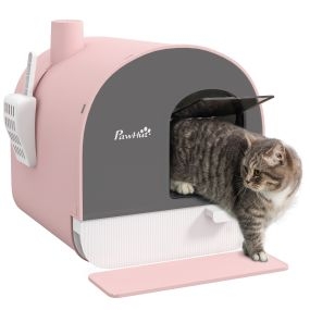 Arenero cerrado para gatos con bandeja extraíble, pala, alfombrilla y filtro, 43x44x47 cm, rosa