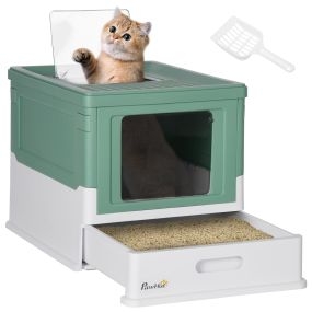 Arenero plegable para gatos con bandeja extraíble, tapa, pala, verde y blanco