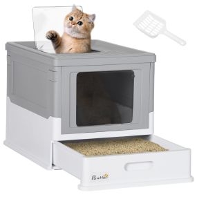Arenero plegable para gatos con bandeja extraíble, tapa, pala, gris y blanco