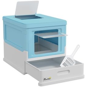 Arenero plegable para gatos con bandeja extraíble, tapa y pala, azul y blanco