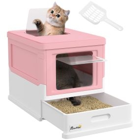 Arenero plegable para gatos con bandeja extraíble, tapa y pala, rosa y blanco