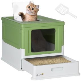 Arenero plegable para gatos con bandeja extraíble, tapa, pala, control de olores, verde aguacate y blanco