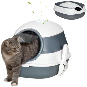 Arenero cubierto plegable para gatos con pala 52x41x38 cm blanco y gris